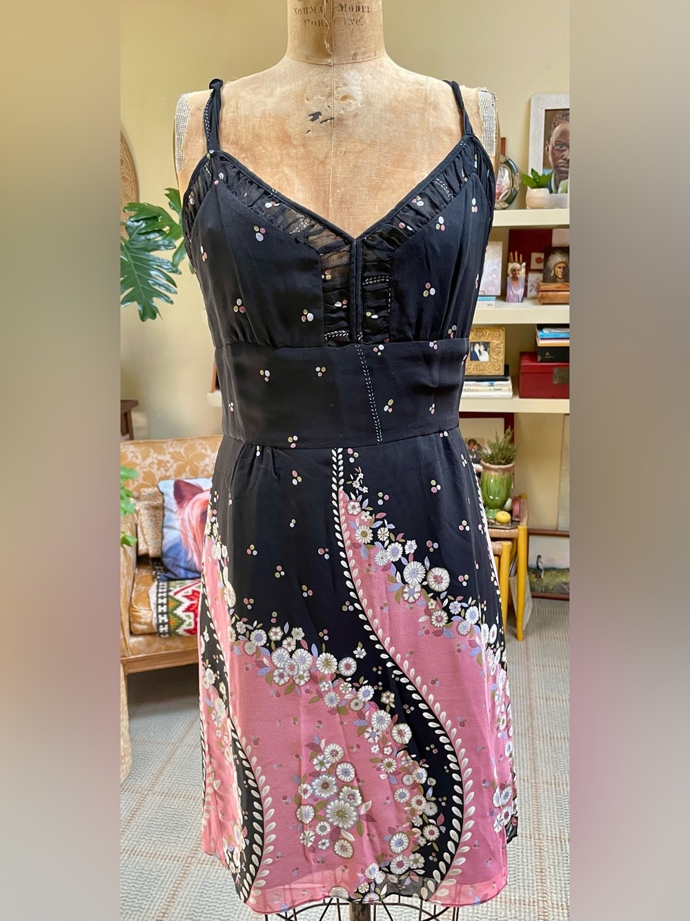 Anna Sui Silk Black & Pink Floral Spaghetti-Strap Dress